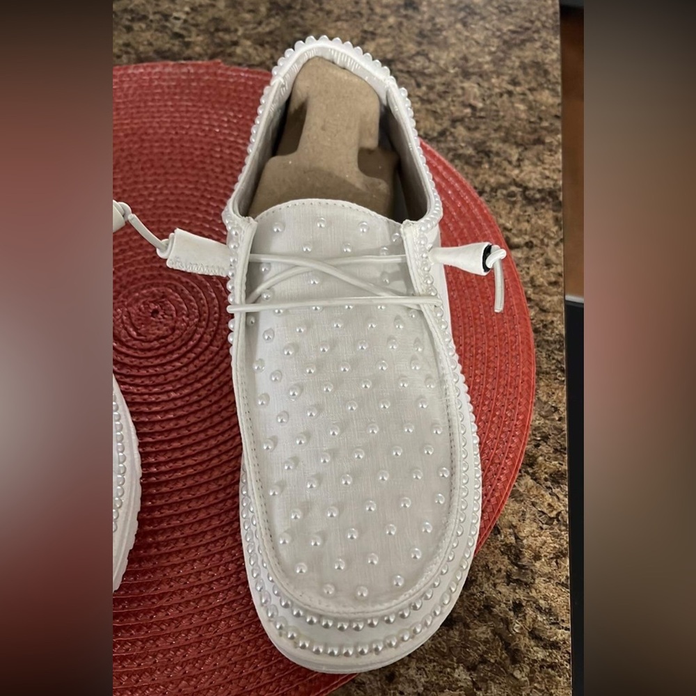 Hey Dude White Sneakers Lightweight Comfort - Custom made for wedding w/ beading